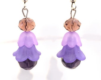 purple flower big bead drop earrings long dangles acrylic glass handmade jewelry