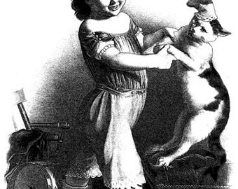 victorian girl dancing with cat printable art print vintage illustration digital download image graphics instant downloads black and white