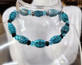 blue black beaded bracelet stretch acrylic glass bead western boho jewelry new