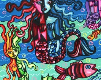 mermaids abstract original painting fish colorful art 9" x 12" sealife fantasy folk art