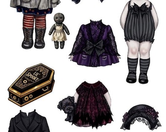 Goth little girl paper doll with dresses articulated doll download Digital Printable Sheet Vintage style paper toys