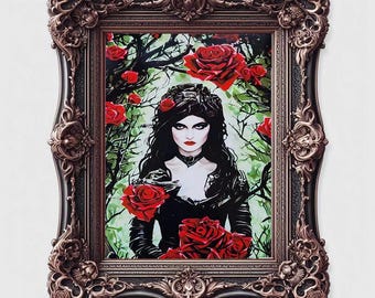 Gothic Vampire Queen of the Roses original art surreal 8x10 inch semi gloss dark fantasy fairytale art print