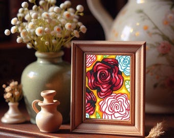 abstract art aceo original rose flowers drawing, original ATC art card Miniature art