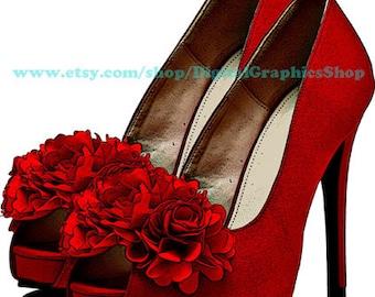 printable fashion image, red rose flowers, high heel shoes art, clipart png, instant download, digital print,