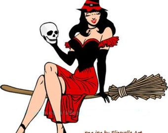 witch on broom pinup girl png jpg printable art clipart instant download