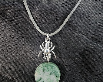 green marble circle stone pendant cord necklace spider charm handmade natural jewelry