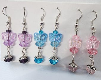 3 pr butterfly bead drop earrings lot dangles handmade jewelry blue pink purple