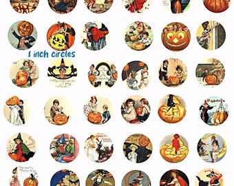 collage sheet halloween 1 inch circles vintage postcard art clipart digital download diy jewelry printables