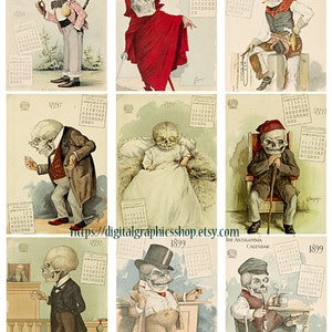vintage skeleton aceos collage sheet printable 1800s skulls calendars art clipart 2.5&quot; x 3.5&quot; digital atc cards instant download
