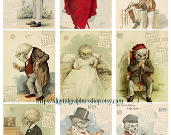 vintage skeleton aceos collage sheet printable 1800s skulls calendars art clipart 2.5" x 3.5" digital atc cards instant download