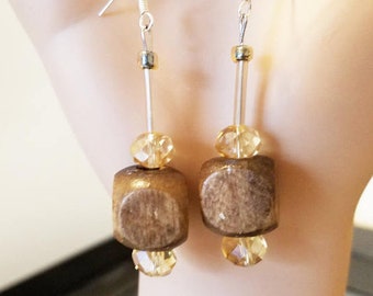 big brown bead drop earrings long dangles wood glass chunky jewelry handmade