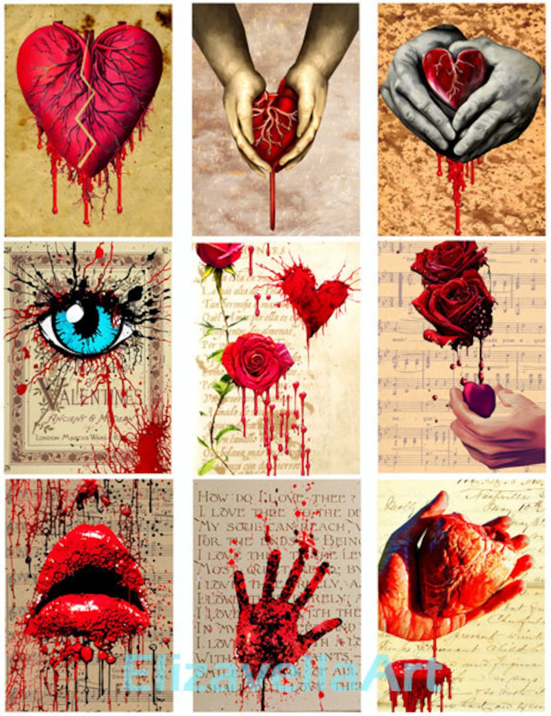 Creepy Bloody Hearts Digital Collage Sheet 2.5