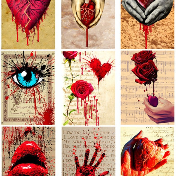 creepy bloody hearts valentines instant download digital collage sheet 2.5"x3.5" aceo rose dripping blood spatter,  horror