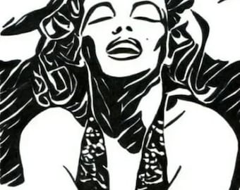 abstract woman sunbathing, blonde Pinup Girl art, face portrait pen ink original art drawing black & white artwork By Montana artist
