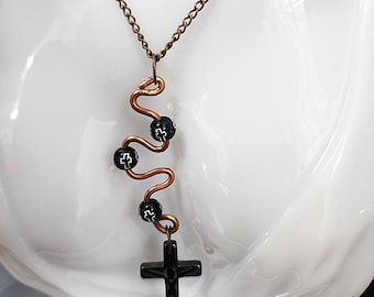 copper wire hemalyke cross pendant bead long NECKLACE bronze chain handmade jewelry