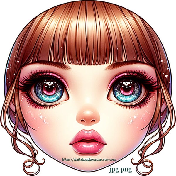 Doll face print, blue eyes, big eye doll faces, clipart eyes, lips, nose,  dolly portrait, facial features on a transparent background