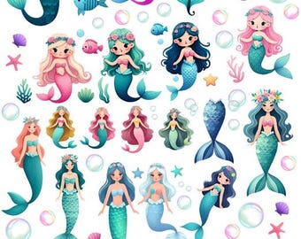 cute mermaid paper dolls collage sheet fish starfish sealife clipart png jpg printable art instant digital download