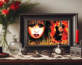 flaming guitar art painting fire womans face portrait acrylic  painting, original music lovers art musician gifts