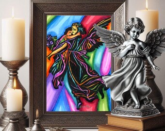 Guardian Angel with child abstract art drawing, original art markers ink drawing colorful 8.5" x 11" By Elizavella