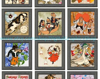 instant downloads, digital collage sheet, printable wall art, vintage mother goose, nursery rhymes, clipart, 2 inch squares, fairytale image