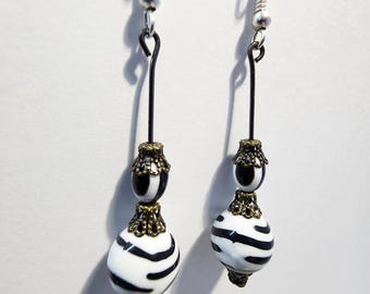 black and white stripes bead drop earrings, dangles handmade evil eye jewelry