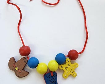 cowgirl necklace , wood beads, cowboy charms, red cord, wooden pendants western rodeo jewelry making supplies