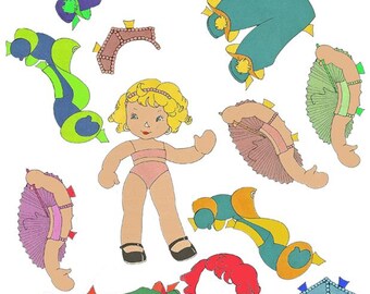 Little blonde girl Paper Doll with dresses, wigs and hats kids crafts printable Digital paper toys download