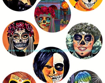 day of the dead women, skulls, skeleton lady, horror art printable, digital collage sheet, clipart, 3 inch circles, instant download