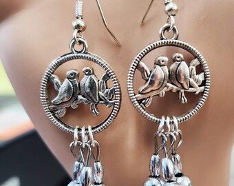 silver love birds hoop bead drop earrings, animal charms chandelier earrings, long dangles handmade jewelry