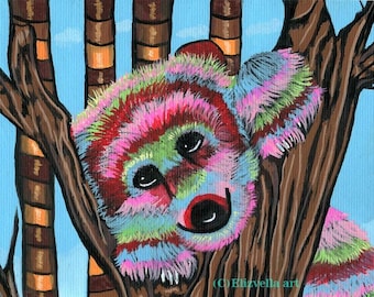 happy rainbow bear cub original art painting abstract trees animal colorful wildlife folk art
