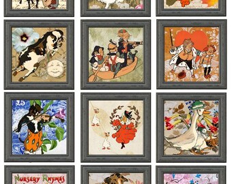 vintage mother goose nursery rhymes altered art collage sheet, clipart, 2 inch squares digital downloads  printable wall art fairytales