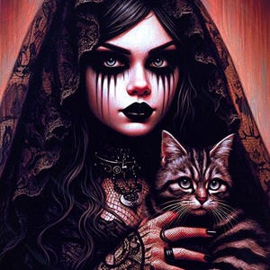 goth witch girl with pet cats mixed media painting original art print fantasy dark art
