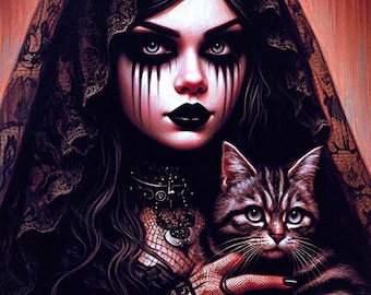 goth witch girl with pet cats mixed media painting original art print fantasy dark art