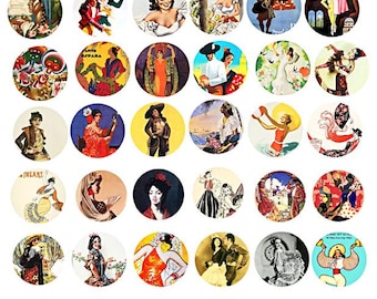 Lámina digital de collage de mujeres mexicanas y españolas, círculos de 2,5 cm, bailarinas de flamenco, imágenes prediseñadas, imágenes vintage para imprimir, descarga instantánea.