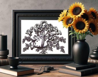 Still life ORIGINAL ART DRAWING paint palette ribbon objects pen ink  8.5" x 11" artist tools baroque leaves artwork Elizavella