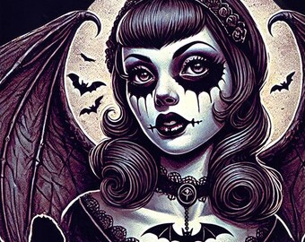 Vampire goth girl mixed media drawing original art print fantasy dark art