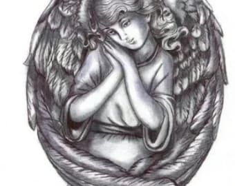 ORIGINAL angel girl drawing, child angel, pen ink drawing, fantasy, religious art, illustration outsider art