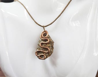 copper wire pyrite stone pendant NECKLACE silvertone chain handmade unisex jewelry
