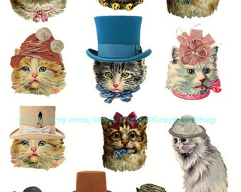 kitty cats in hats png, kittens, digital print, collage sheet, instant download, animal clipart, pets, die cuts printable, junk journal