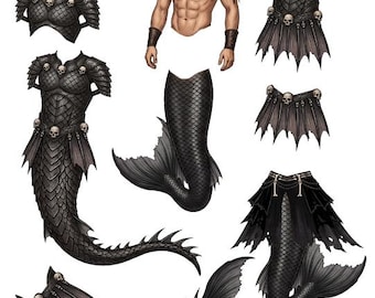Black sea merman mermaid man paper doll set crafts cut out clipart png jpg printable digital download
