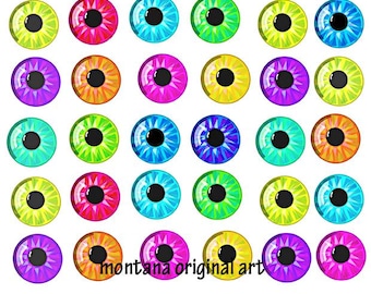 cartoon doll eyes pupils digital collage sheet 1" inch circles eye clipart jpg png instant download jewelry pendant printables