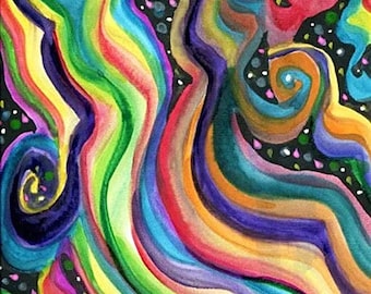 Abstract art original watercolor painting rainbow rider modern colorful artwork By Elizavella