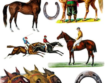 vintag horses art, equestrian, races, printable art collage sheets, digital print, instant download, die cuts animals rodeo, junk journals