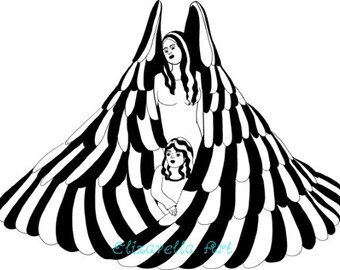 guardian angel with little girl printable art, line art, clipart png, svg instant download digital print