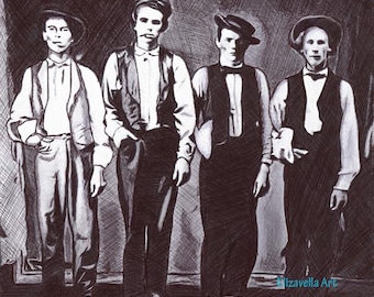 Cowboys Western Outlaws art pen ink original drawing, Billy The Kid Jesse James Doc Holiday