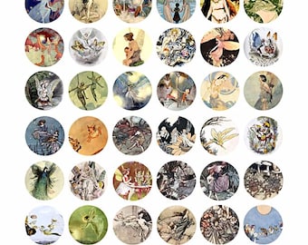 vintage fairytales, fairies art, collage sheet, 1 inch circles, fantasy clipart, digital print, instant download, printables