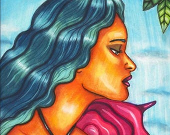 Rose Fairy woman portrait original art print markers drawing fantasy fairytale outsider art By Elizavella