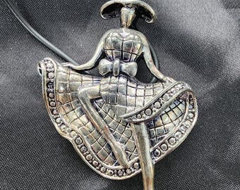 DANCING LADY necklace, large pewter metal pendant, dancer charm necklace, black cord statement jewelry