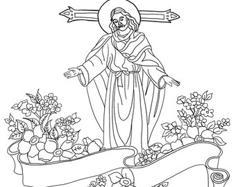 Jesus Christ scroll and flowers hand drawn line art, printable wall art, clipart jpg, instant download, digital adult coloring page