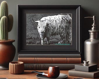 highland bull cow original art, pen ink animal drawing, wildlife illustration black and white outsider folk art by Elizavella